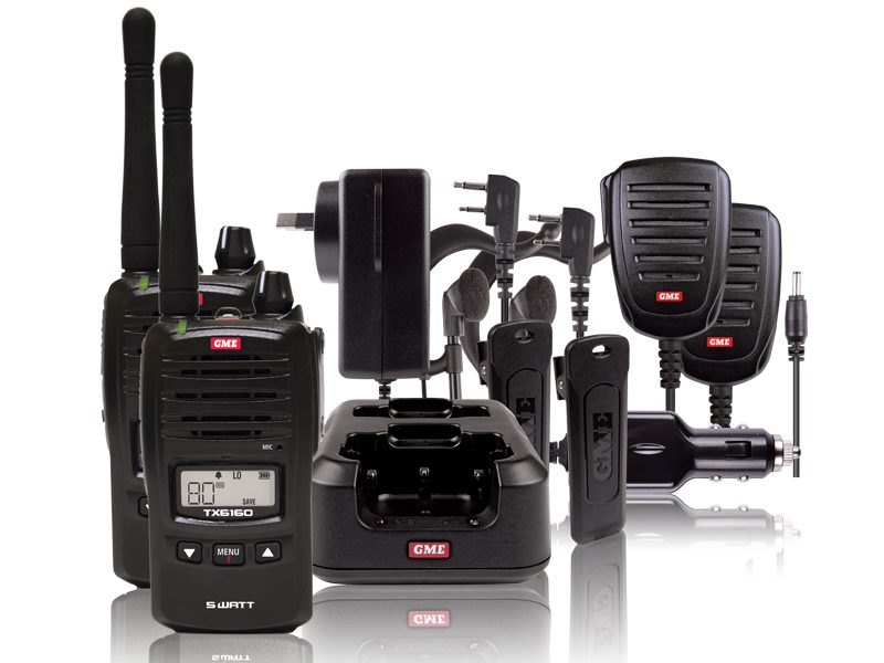 GME TX6160TP Portable UHF CB’s IP67 Water & Dust Proof 2 x5/1 Watt 80 Channel Compact c/w 2 xSpeaker Mic, Dual Rapid Charger,2 x Earpiece Mic, 2 x2600mAh Li-Lion Battery Pack, AC adaptor, 12V DC Lead & 2 xBelt Clips. Rugged Carry Case.