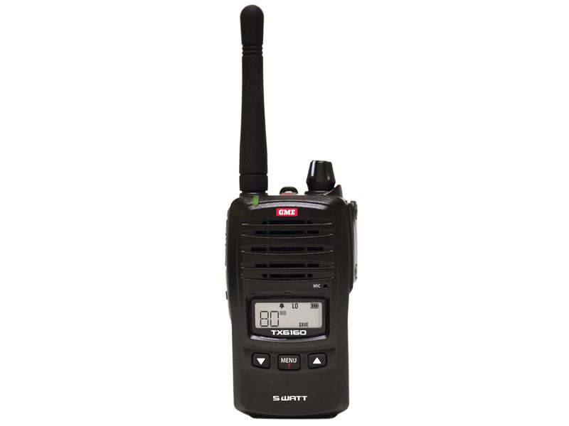 GME TX6160X Portable UHF CB IP67 Water & Dust Proof 5/1 Watt, 80 Channel Compact c/w  Desktop Charger, 2600mAh Li-Lion Battery Pack, AC Adaptor & Belt Clip.