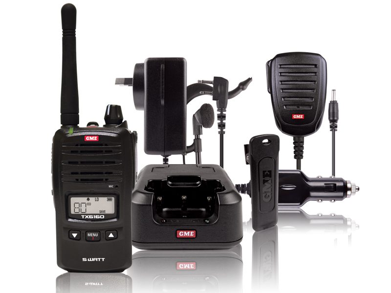 GME TX6160 Portable UHF CB IP67 Water & Dust Proof 5/1 Watt 80 Channel Compact c/w Speaker Mic, Rapid Charger, Earpiece Mic, 2600mAh Li-Lion Battery Pack, AC adaptor, 12V DC Lead & Belt Clip.