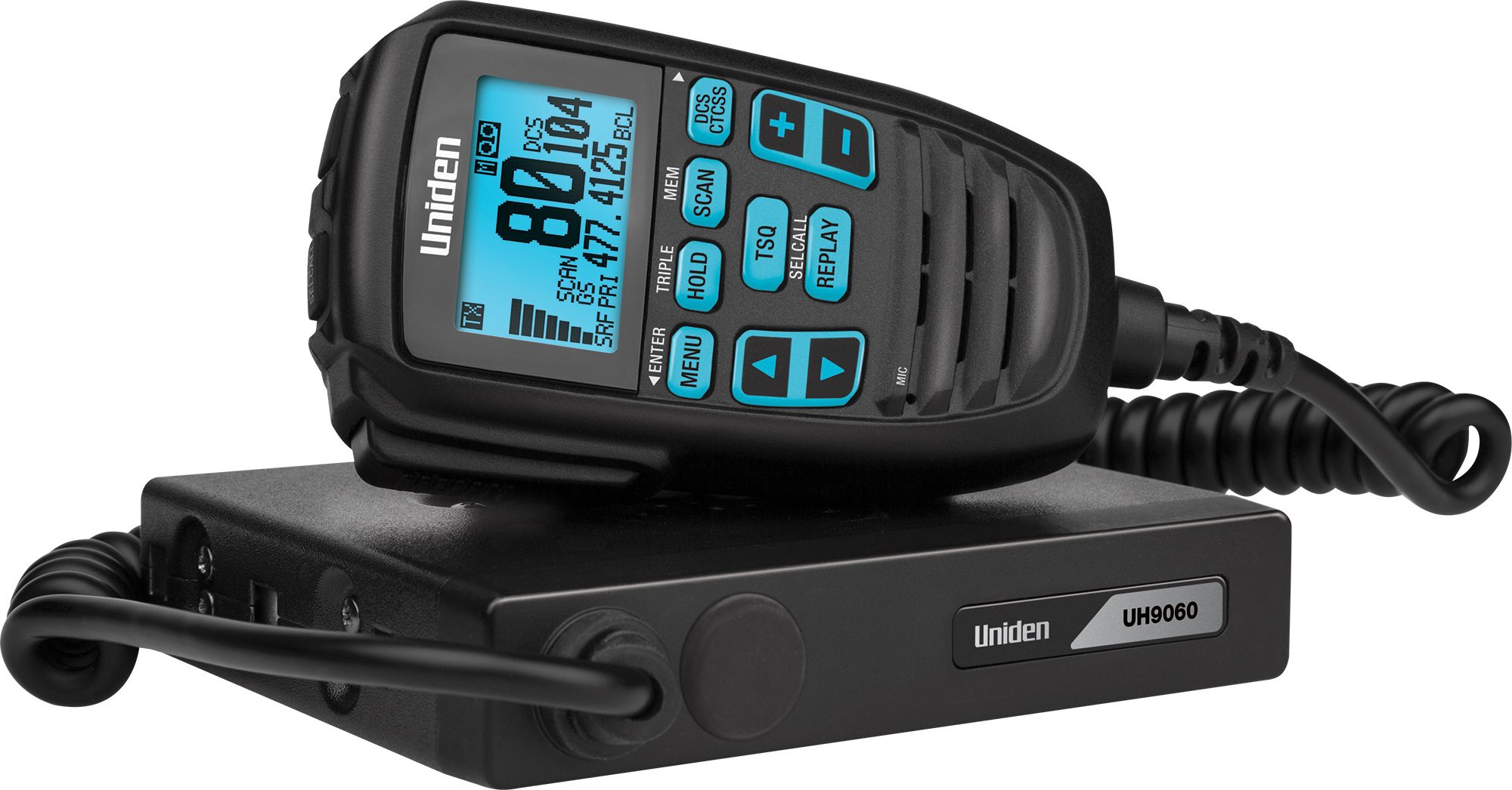 Uniden UH9060 80Ch Mini Compact UHF CB Mobile with Remote Speaker with Large LCD with Smart Mic Technology. 12/24V